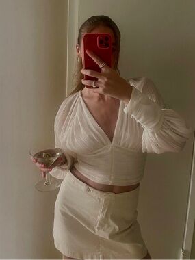 Zara White Organza Long-Sleeve Sheer Crop Top